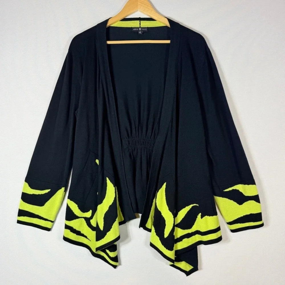 Abbie Mags Large Cardigan‎ Black Lime Womens Open Front Artsy Modern Abstract